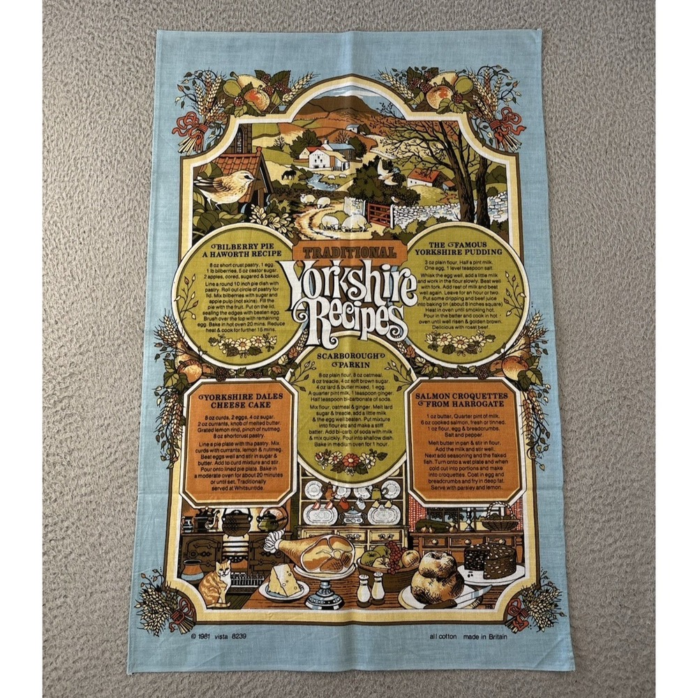 Vintage Traditional Yorkshire Recipes Tea Towel 1981 Made in Britain by Vista